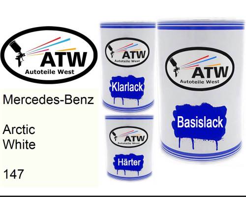Mercedes-Benz, Arctic White, 147: 500ml Lackdose + 500ml Klarlack + 250ml Härter - Set, von ATW Autoteile West.